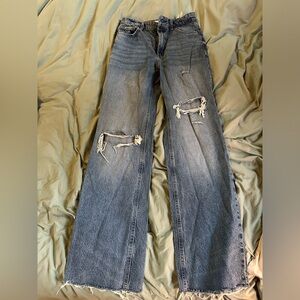 Zara high rise, wide leg distressed jeans.